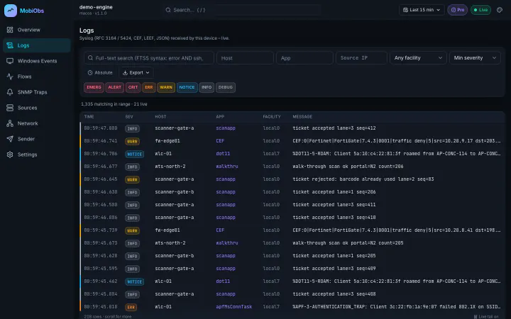 Logs view: a live table of syslog messages with time, severity, host, app, facility and message, and filters for host, app, source IP, facility and severity.