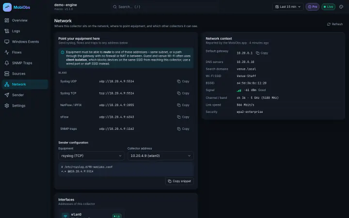 Network view: the collector addresses to point equipment at for syslog, NetFlow, sFlow and SNMP traps, a sender configuration snippet, and Wi-Fi context such as gateway, SSID, signal and channel.